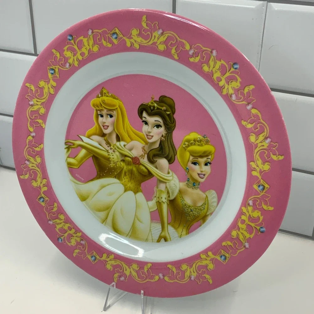 Disney Princess Melamine Plate Kcare Aurora Belle Cinderella Pink 9 Inch